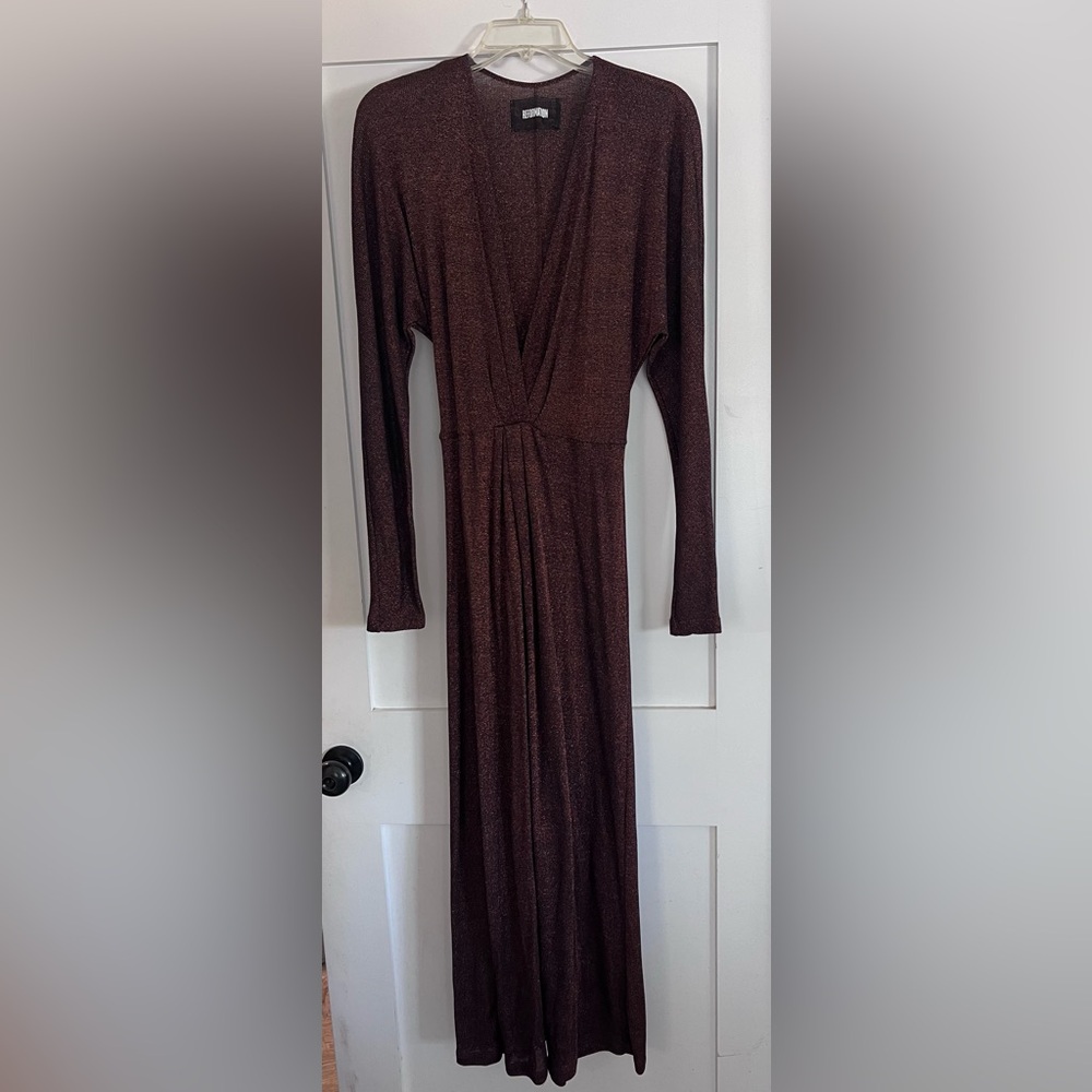 REFORMATION Copper Lurex Long Sleeve Dress with Deep Neckline. Size Medium.